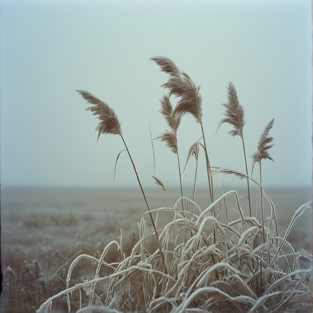 Tall brown grasses covered in white frost stand out against a foggy grey field in the distance.