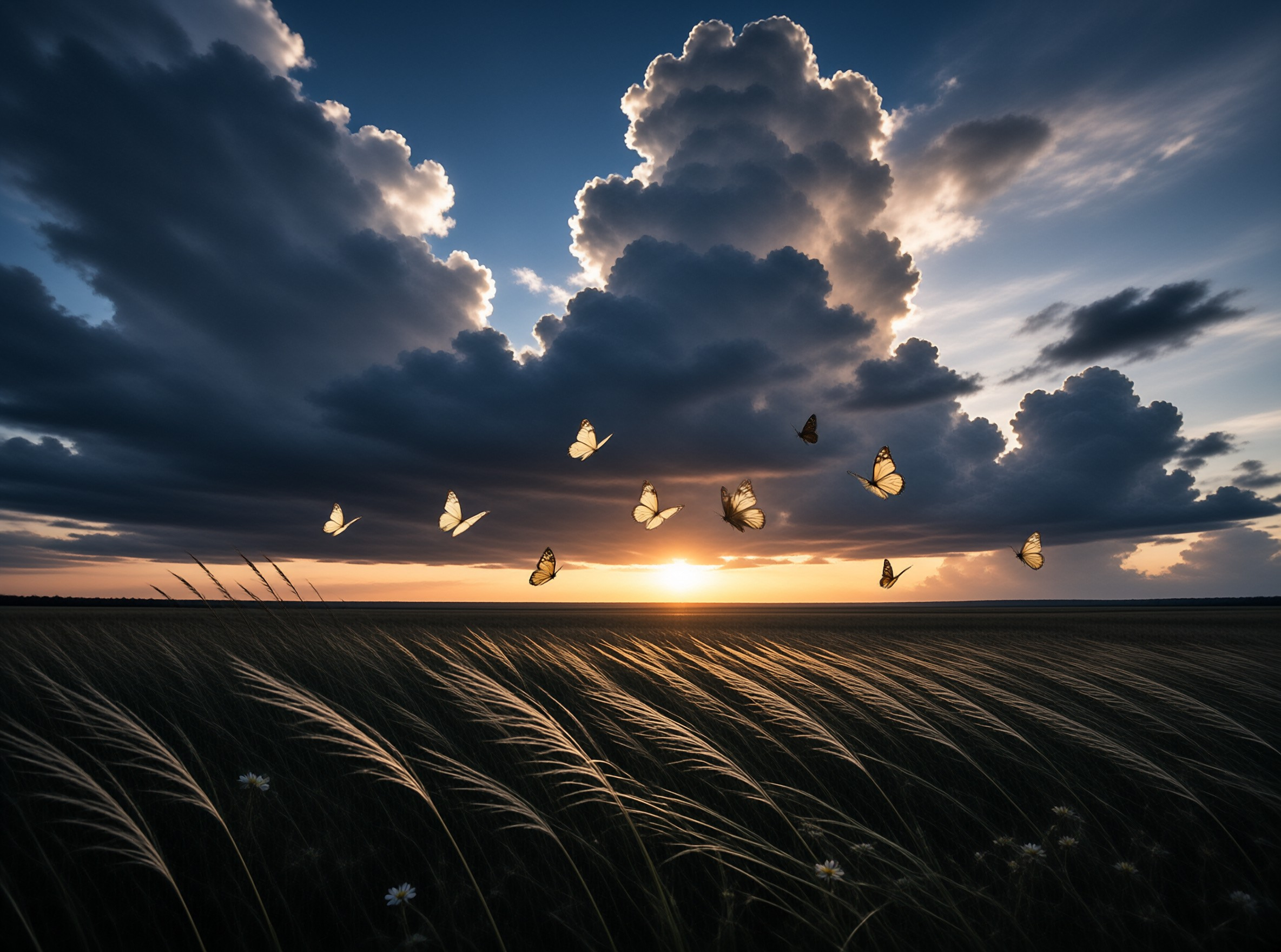 A flock of butterflies flies across a windswept grassy plain under a dramatic sky with large clouds and a low setting sun.