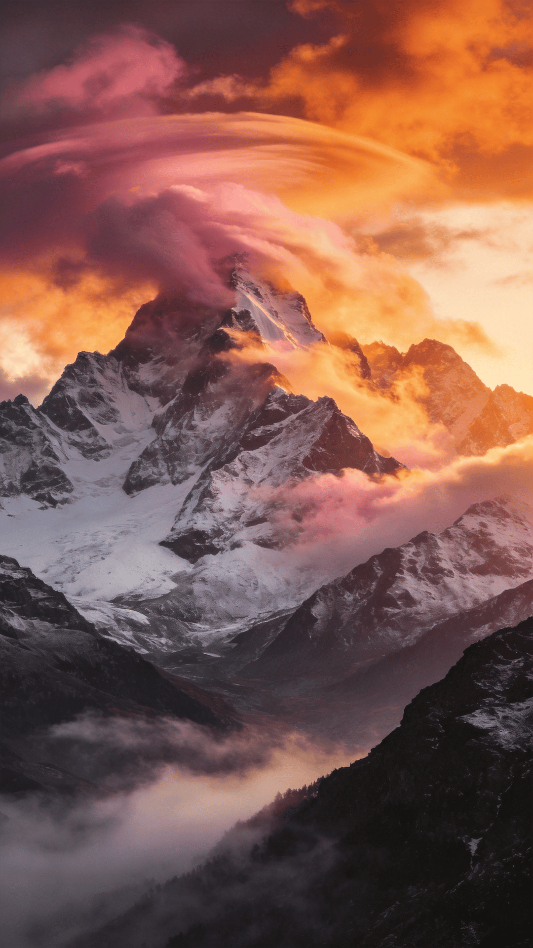 Majestic Mountains at Sunrise — Snowy Peaks with Swirling Clouds