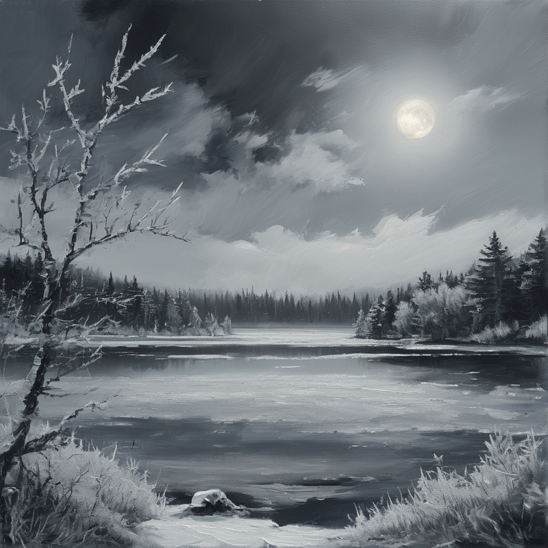 A painted winter landscape features a frozen body of water surrounded by dark pine trees beneath a cloudy night sky with a glowing moon.