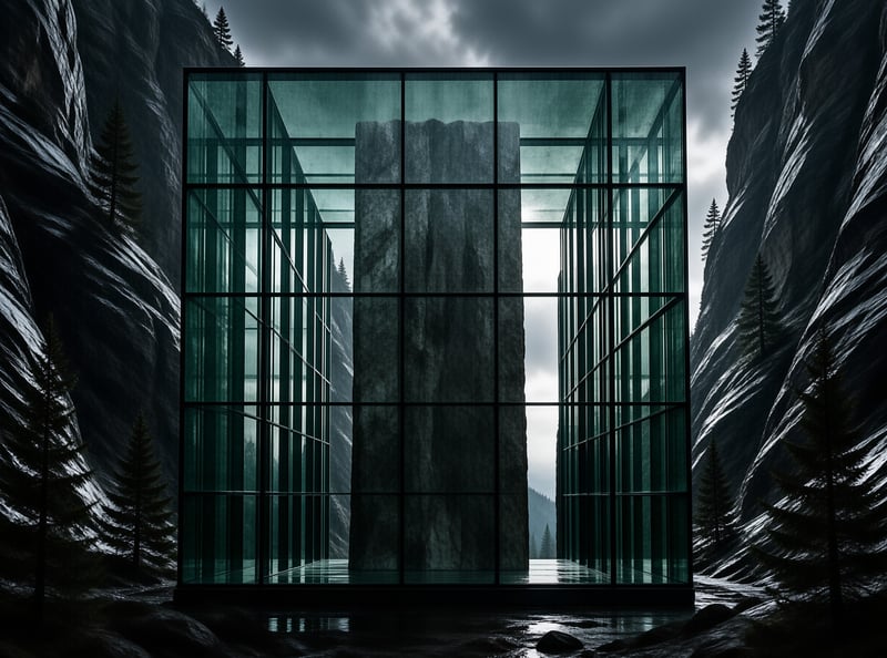 A green glass grid structure surrounds a towering stone slab set between dark pine forest cliffs