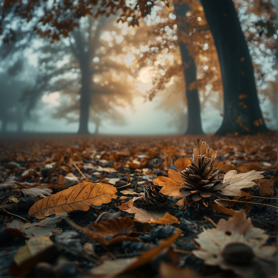 Dried oak leaves and pinecones rest on the forest floor as golden sunlight beams through the misty trees in the background.