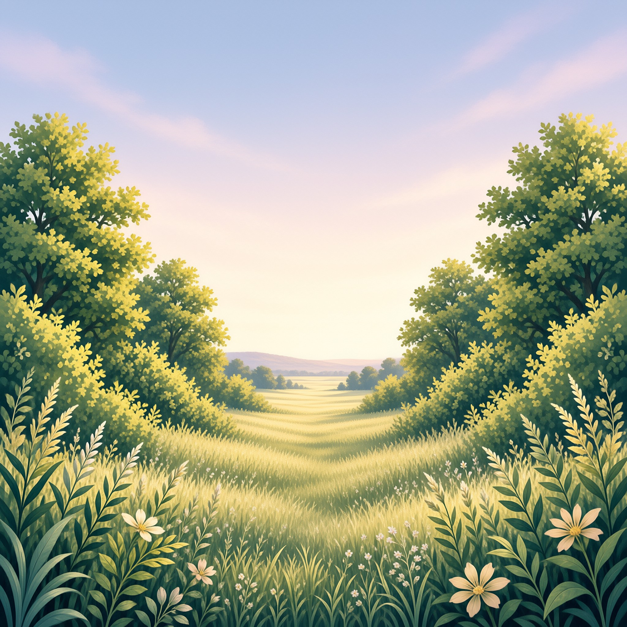 A picturesque landscape shows a golden wheat field stretching into the distance, flanked on both sides by tall green trees with yellowish leaves and foreground wildflowers under a pale blue sky with soft morning light.