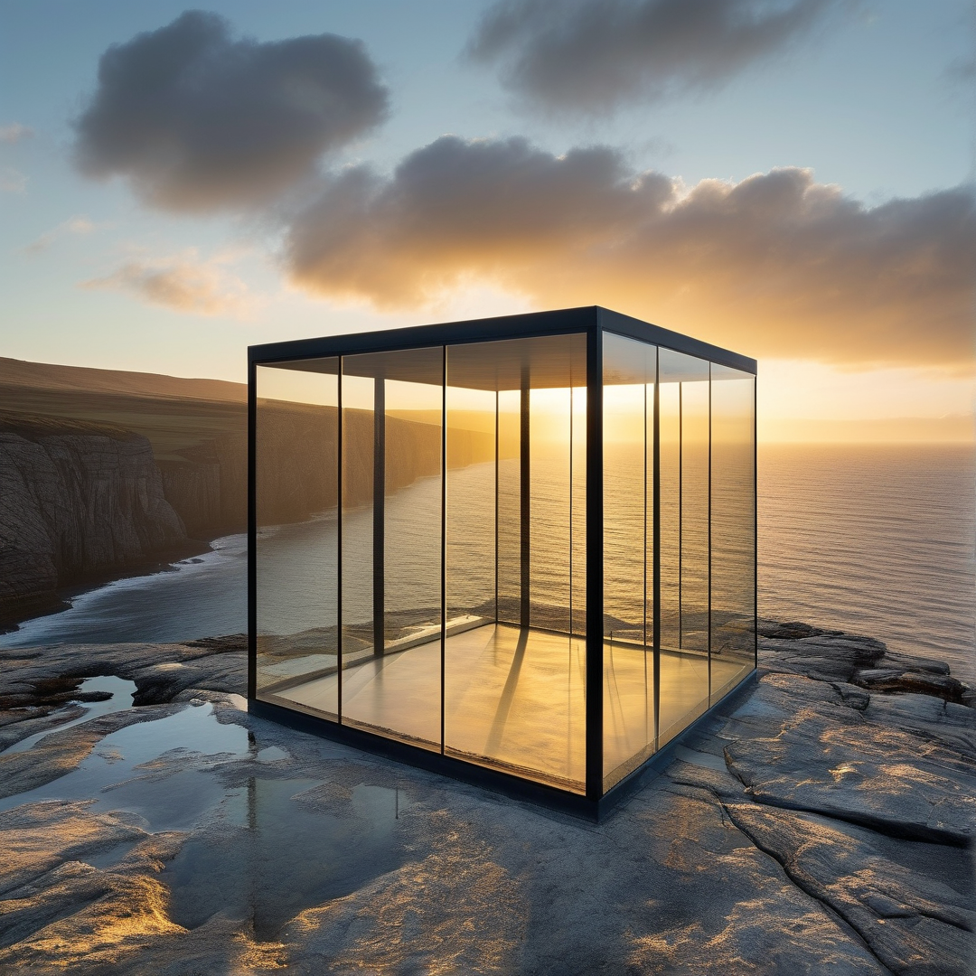 Glass Cube on Rocky Shore