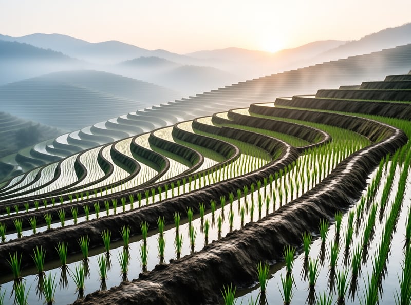 Stepped flooded paddies planted with green seedlings wind up a hillside toward a hazy rising sun