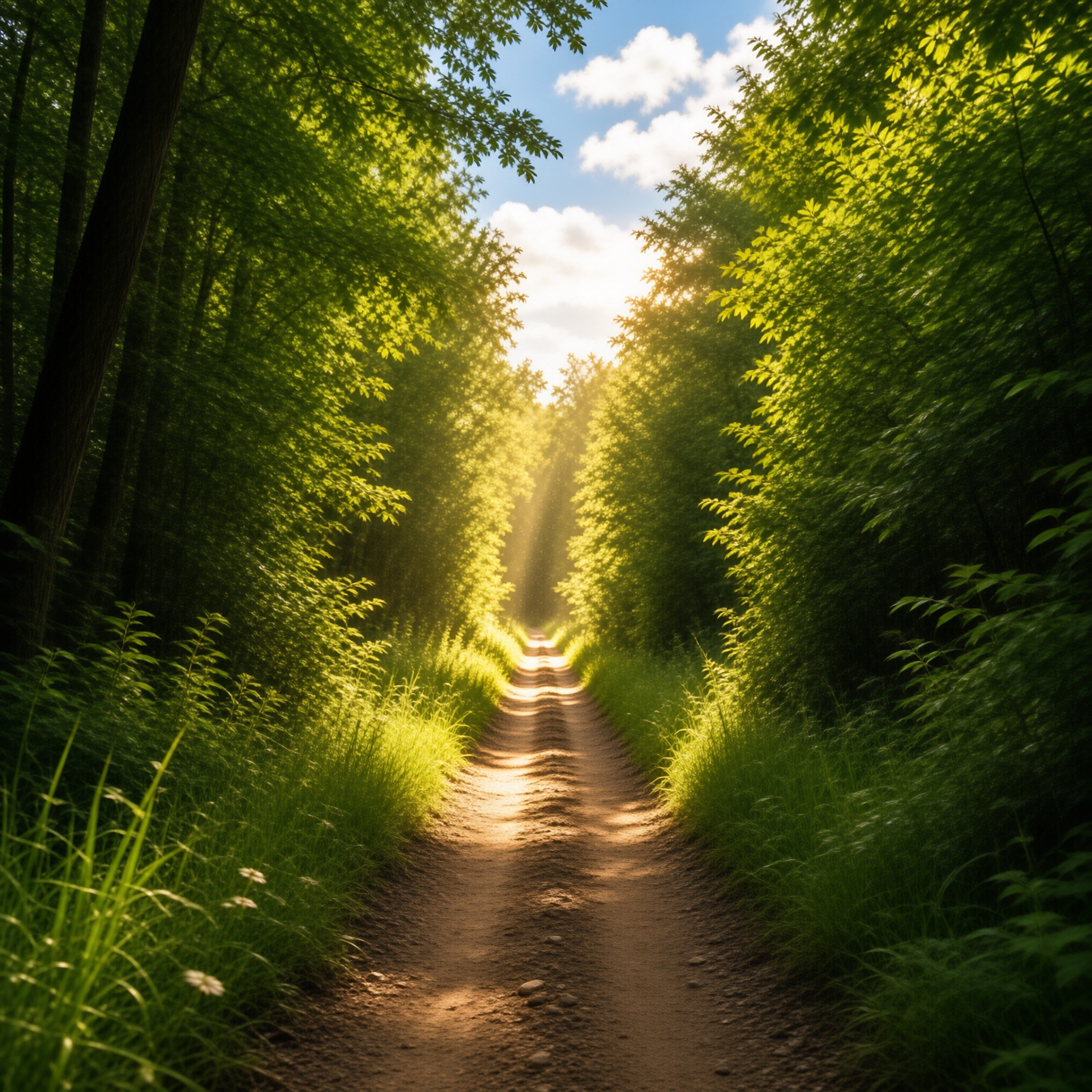 A dirt path winds through a lush green forest while bright sunlight streams down from the canopy to illuminate the trail.