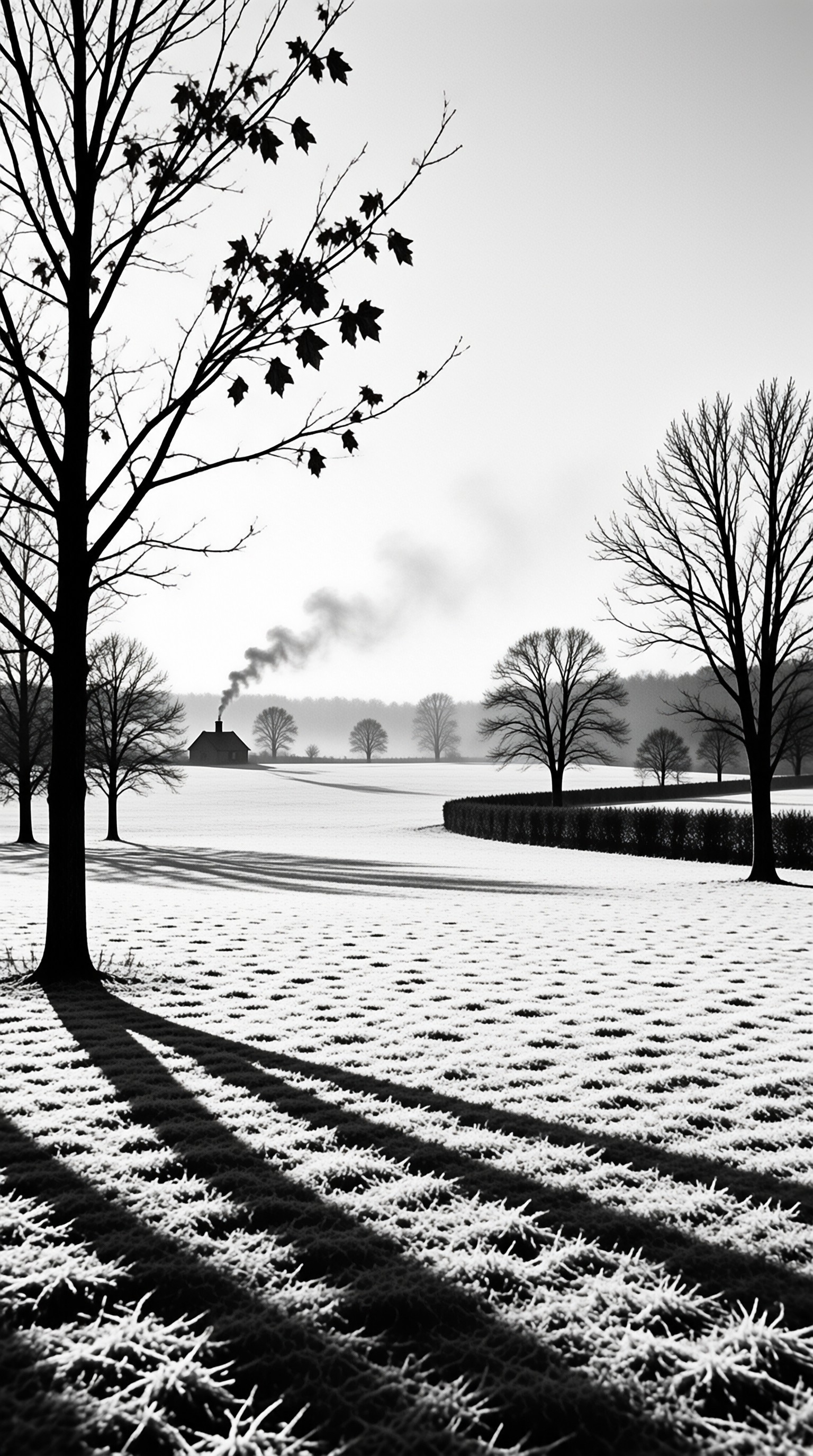 A silhouetted tree stands in the foreground of a frosty field while smoke rises from a small house in the distance.