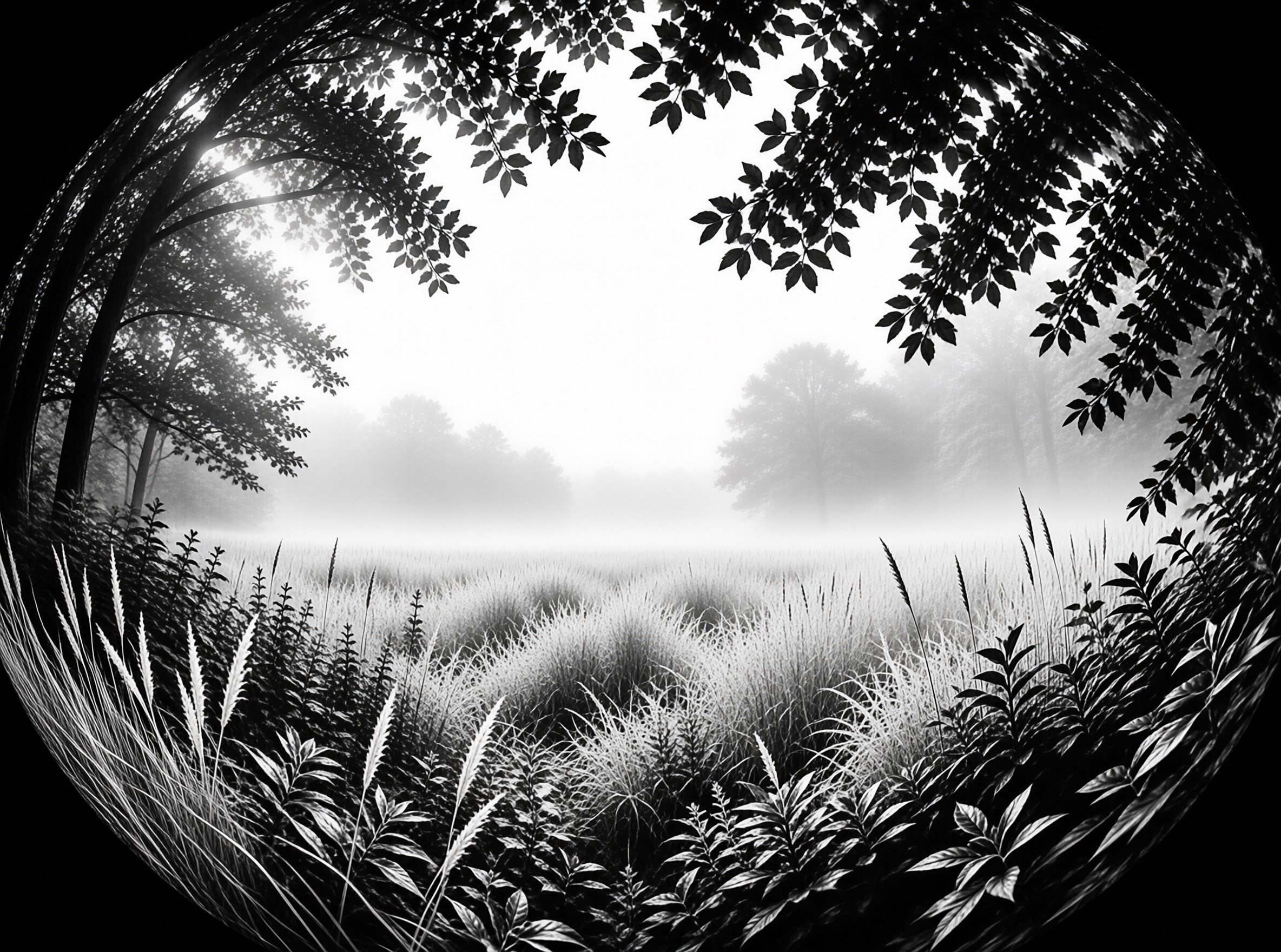 Tall grasses and leafy bushes fill a foggy field enclosed by a dark circular border with overhanging branches.