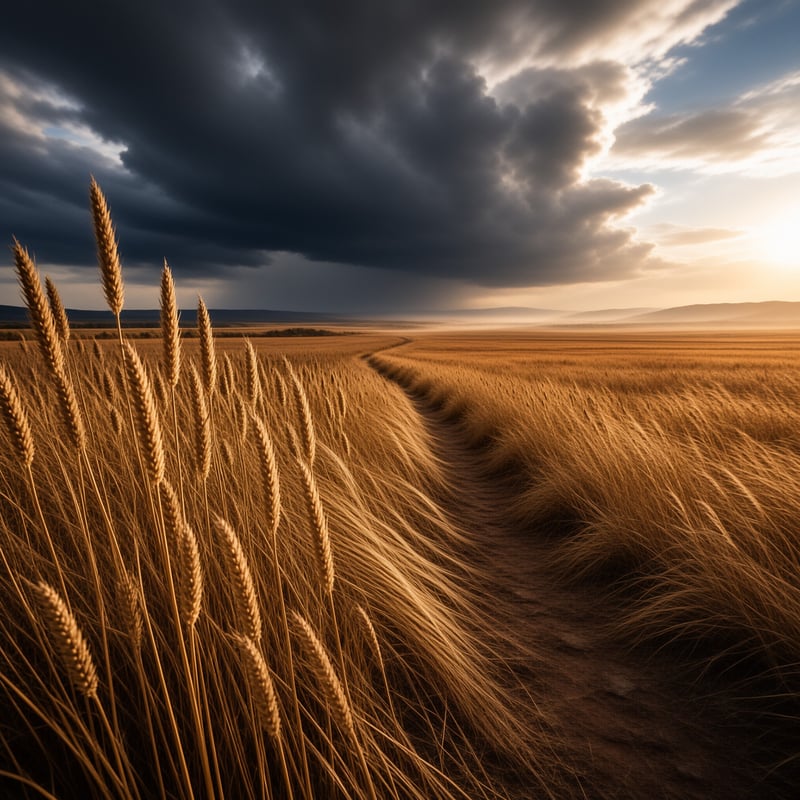 Ripe wheat stalks frame a dirt path leading into a vast field where dark storm clouds meet bright sunlight.