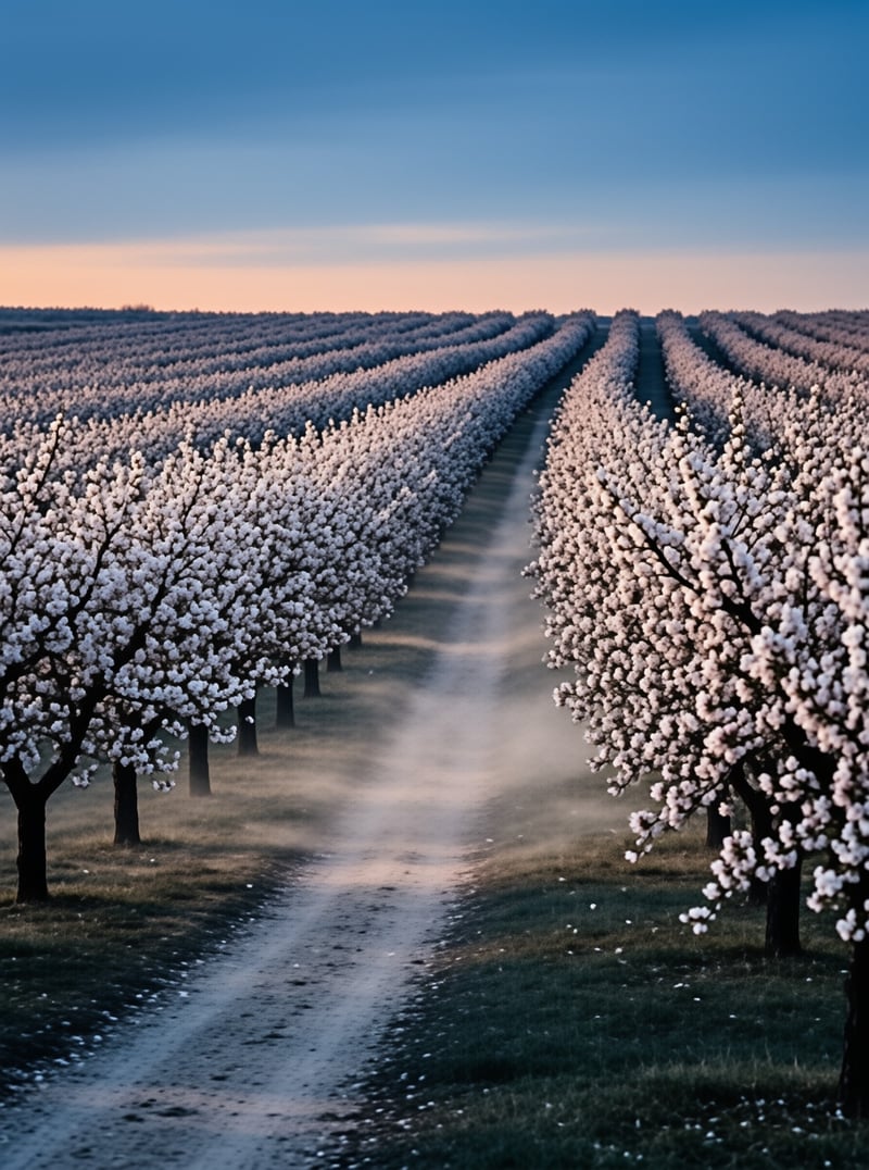 White spring blossoms blanket endless tree rows divided by a dusty lane glowing faintly under a blue dusk sky
