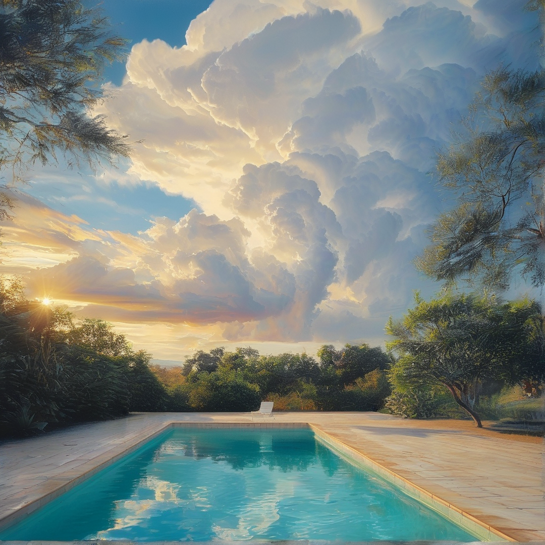 A turquoise swimming pool on a stone deck reflects a sunset sky with large clouds and surrounding trees.