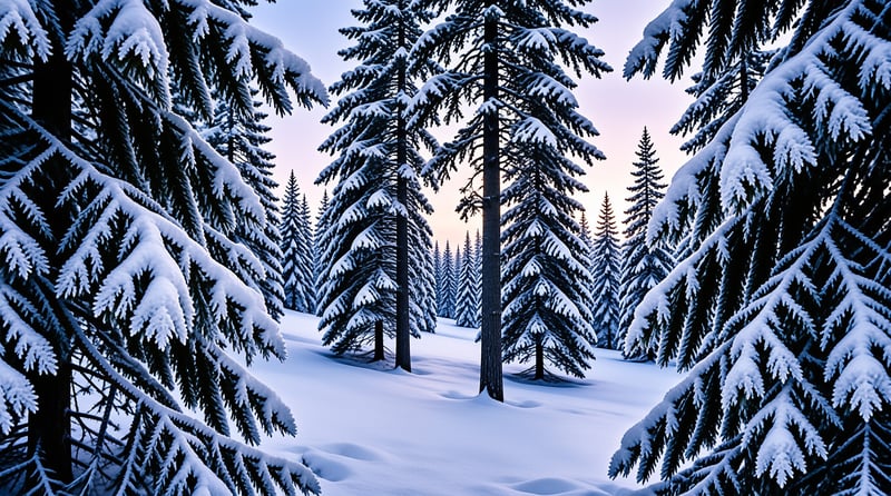 Snow covered evergreen trees stand tall under a soft blue and pink twilight sky creating a serene winter scene.