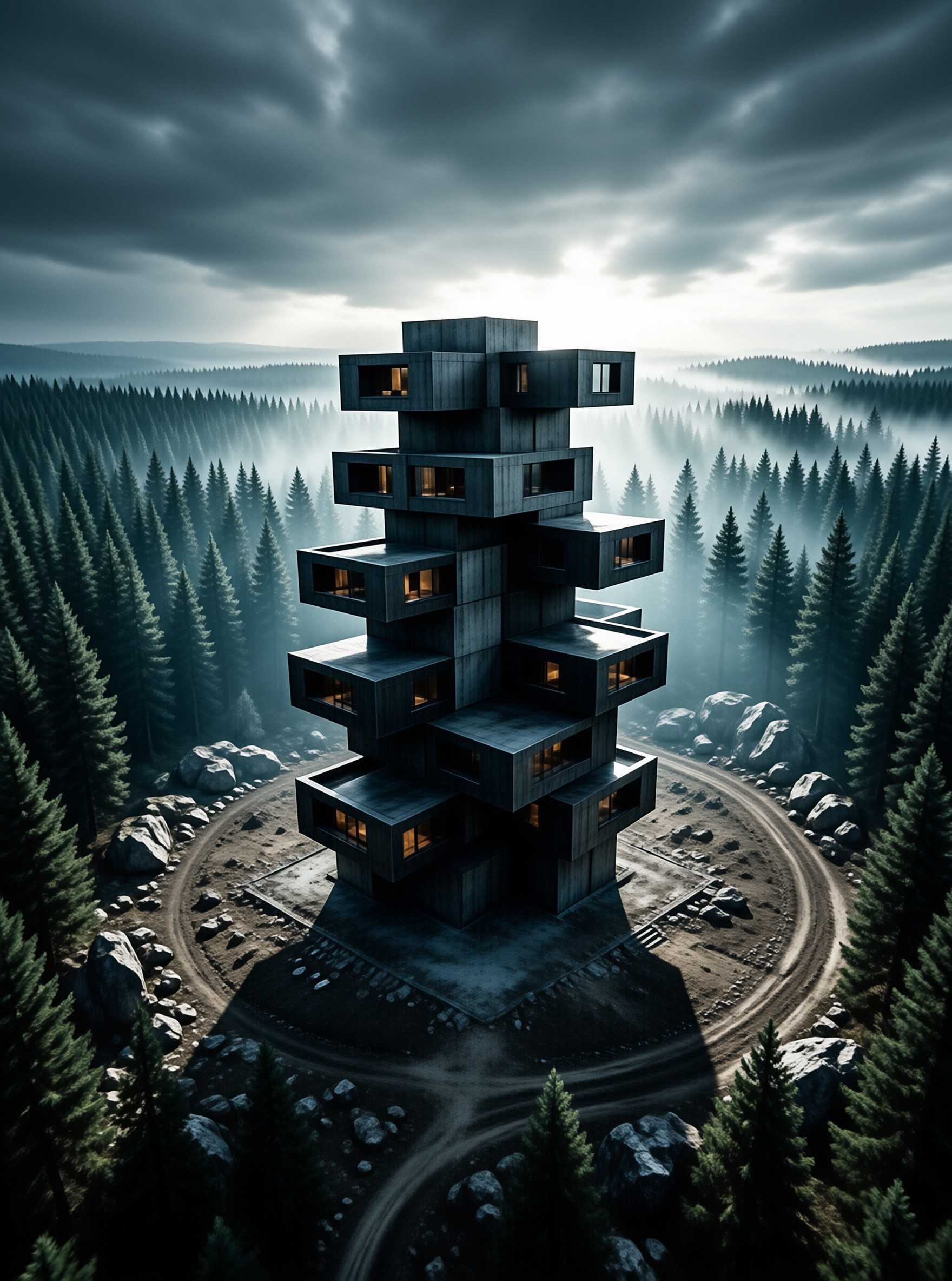 Surreal Tower in Misty Forest
