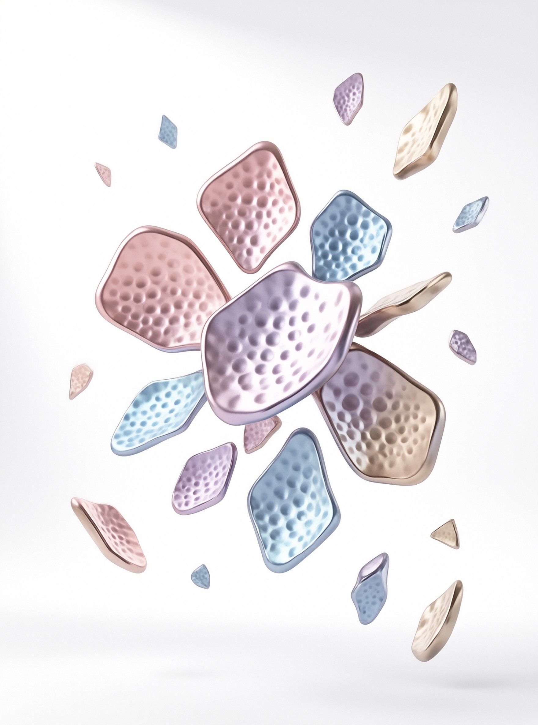 Dimpled metallic fragments in pastel pink blue and silver hues float dynamically against a plain white background.