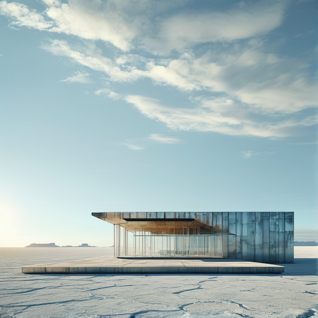 A minimalist building with a reflective metal roof and glass walls sits isolated on a vast, cracked white salt flat under a bright blue sky with wispy clouds.