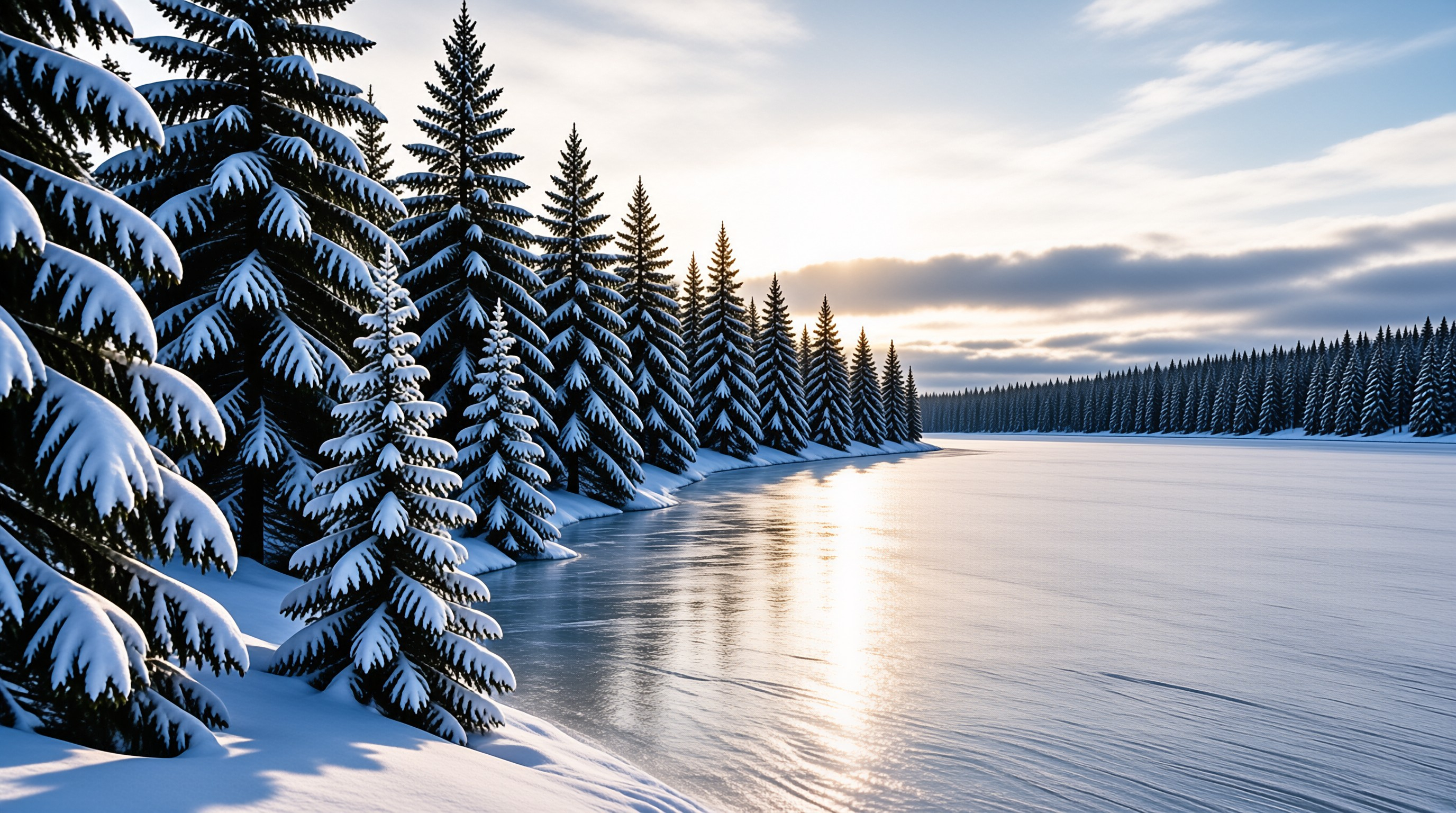 Frost heavy evergreen trees line the edge of a still frozen lake glowing under a pale low winter sun.