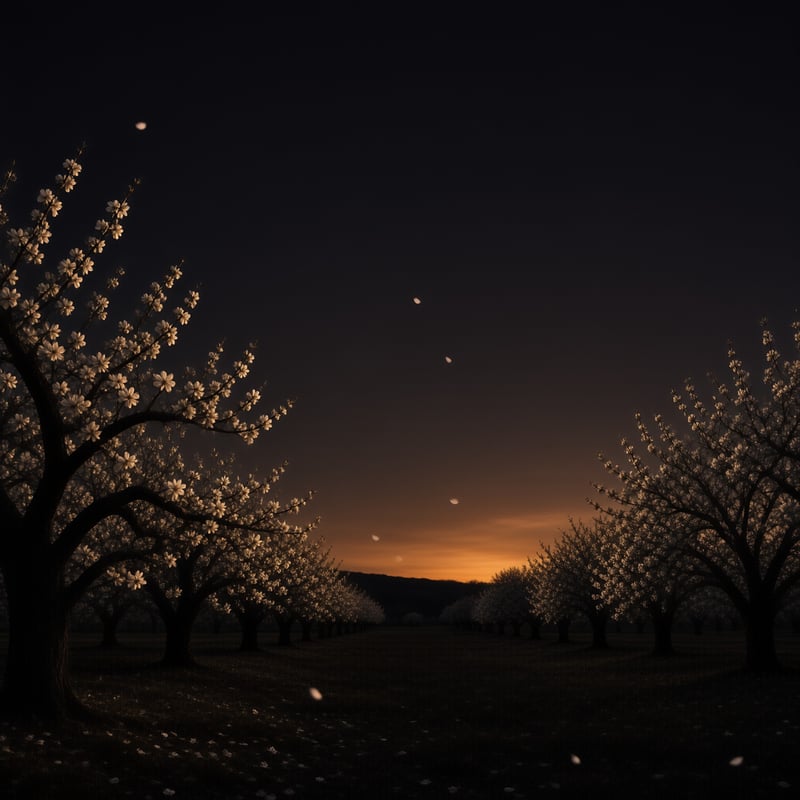 Rows of white flowering trees recede toward a glowing amber sunset beneath a dark night sky with drifting petals.