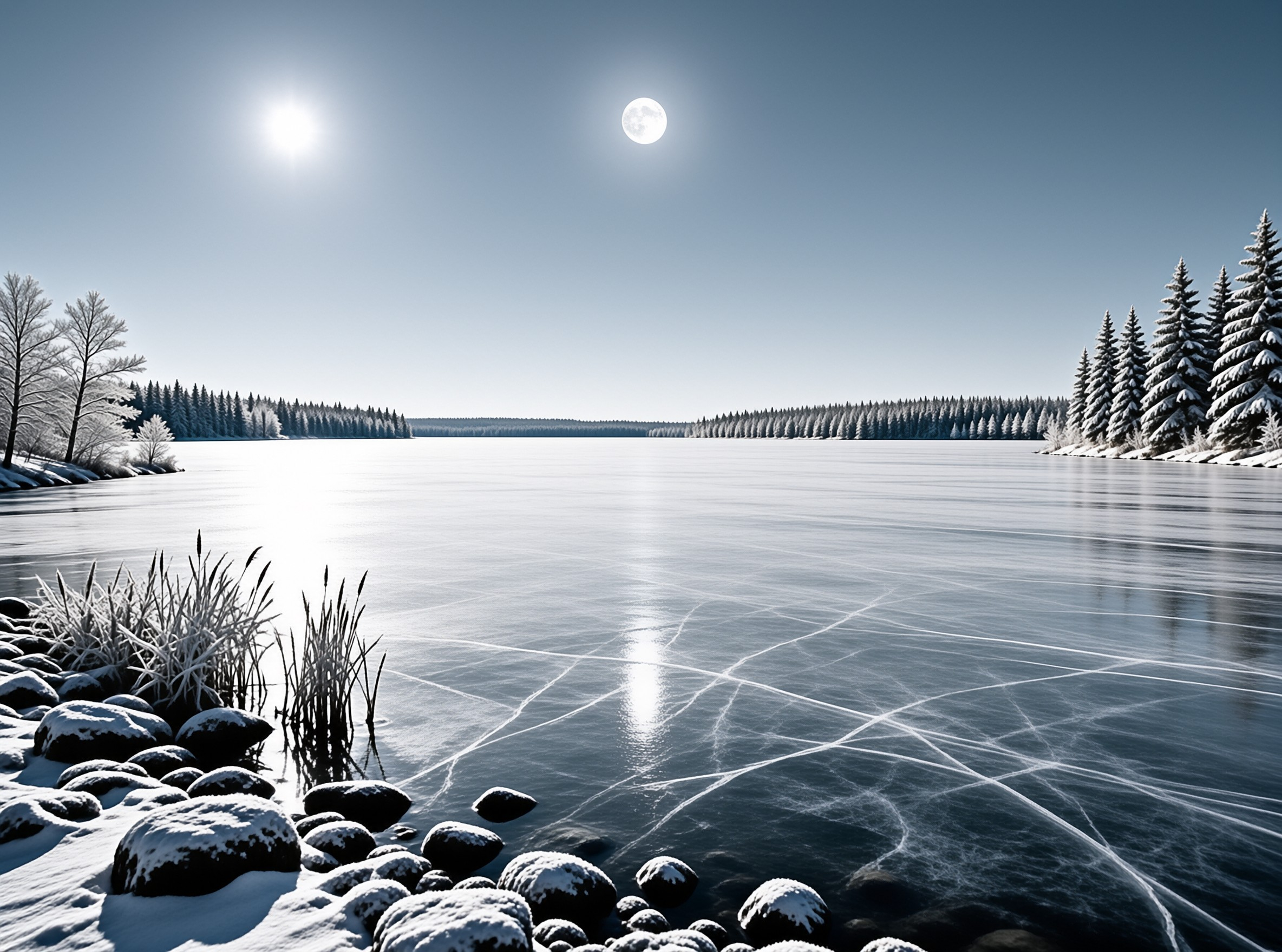 A wide frozen lake with cracked ice reflects sunlight while snow-covered pines line the distant shore under a clear sky.