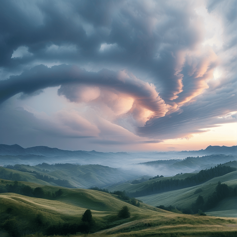 Misty Valley Under Stormy Sky
