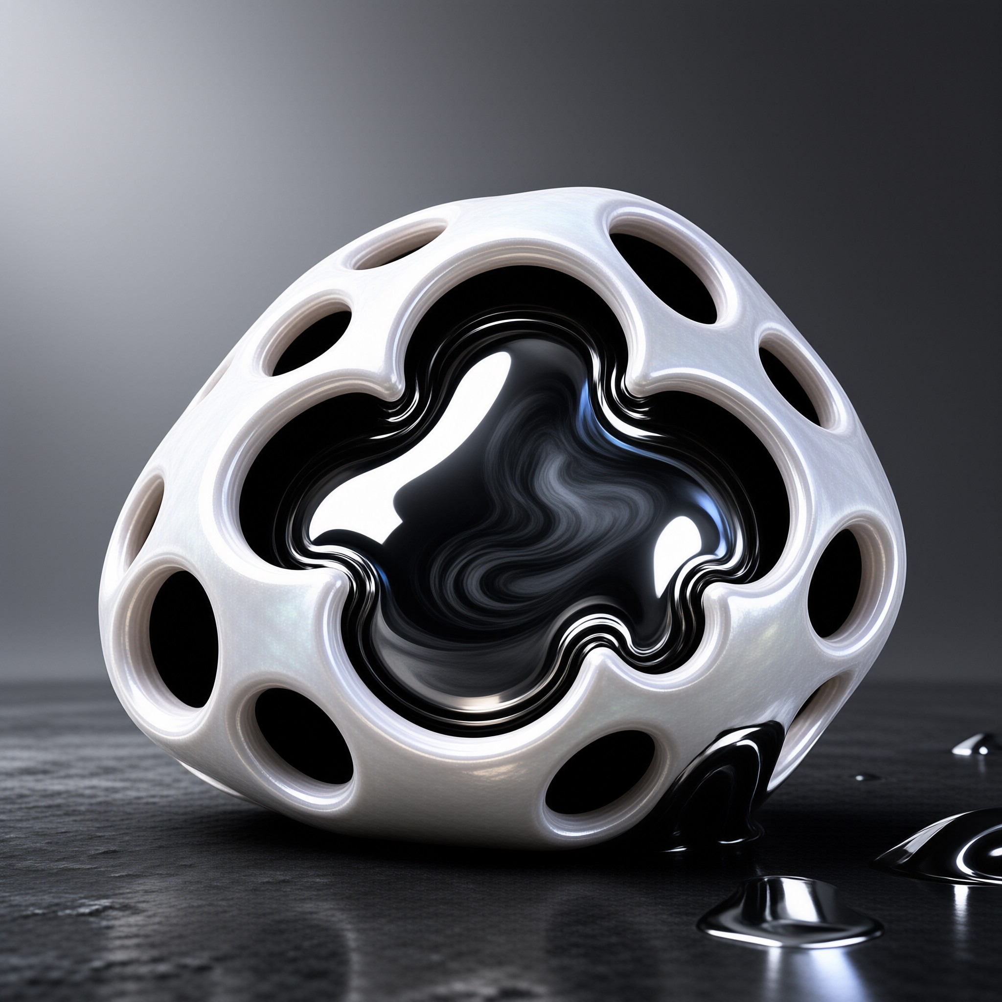 A white porous sphere sits on a dark textured surface while a shiny black liquid oozes out of its central cavity and pools on the ground below creating high contrast reflections.