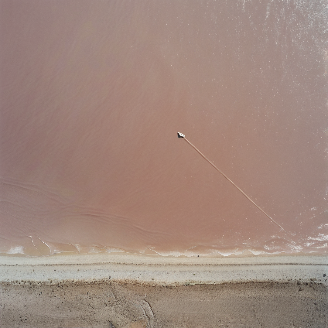 A solitary dark object stands in shallow pink water, casting a long thin shadow across wet sand and beige shoreline.