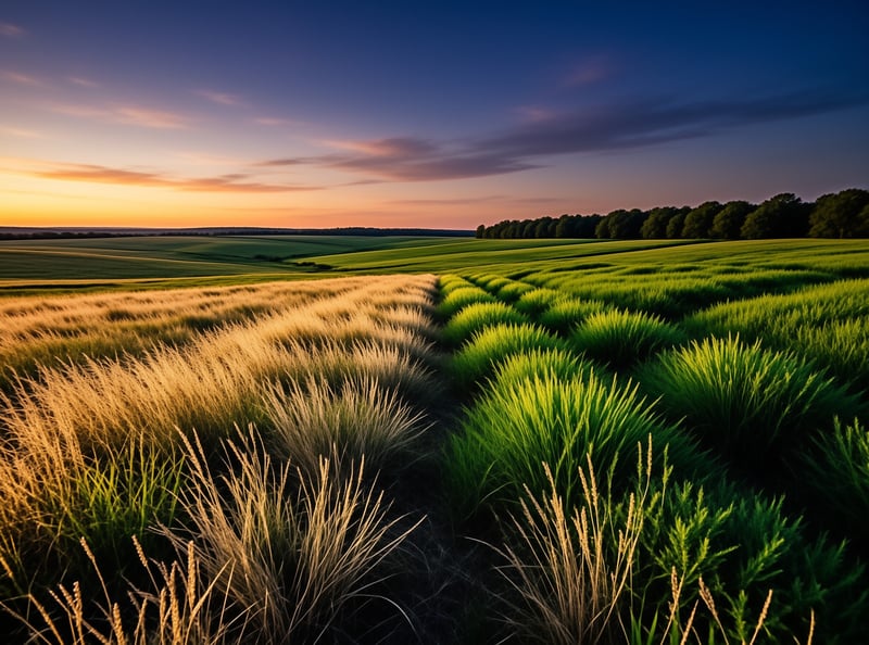 Rows of green and ripening wheat stretch across the landscape under a gradient sky transitioning from deep blue to orange.