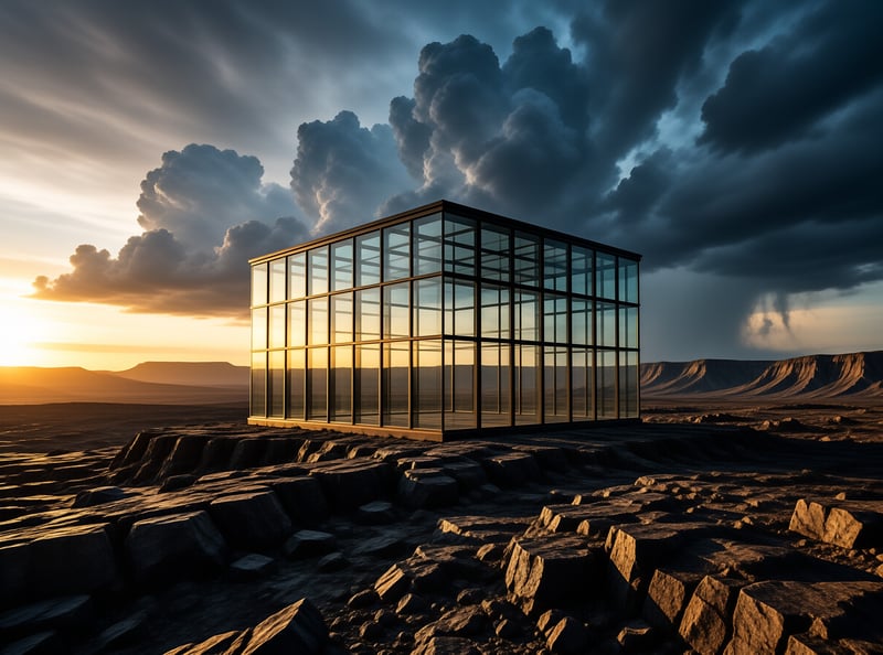 A glass cube structure sits alone on jagged volcanic rock, with warm golden sunset light to its left and dark storm clouds filling the sky behind it.