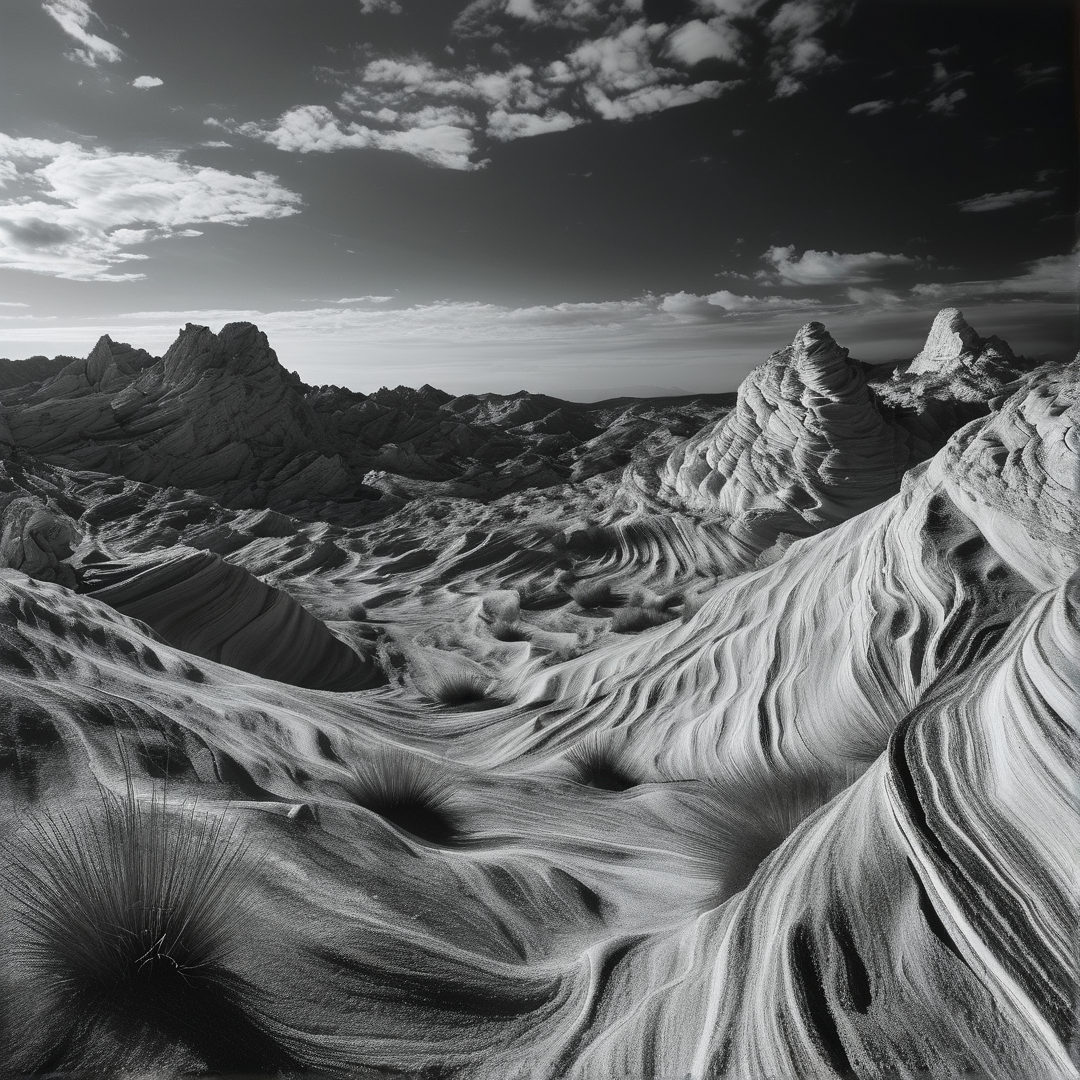 Monochromatic landscape displays wavy textured terrain rising towards jagged peaks beneath scattered clouds.