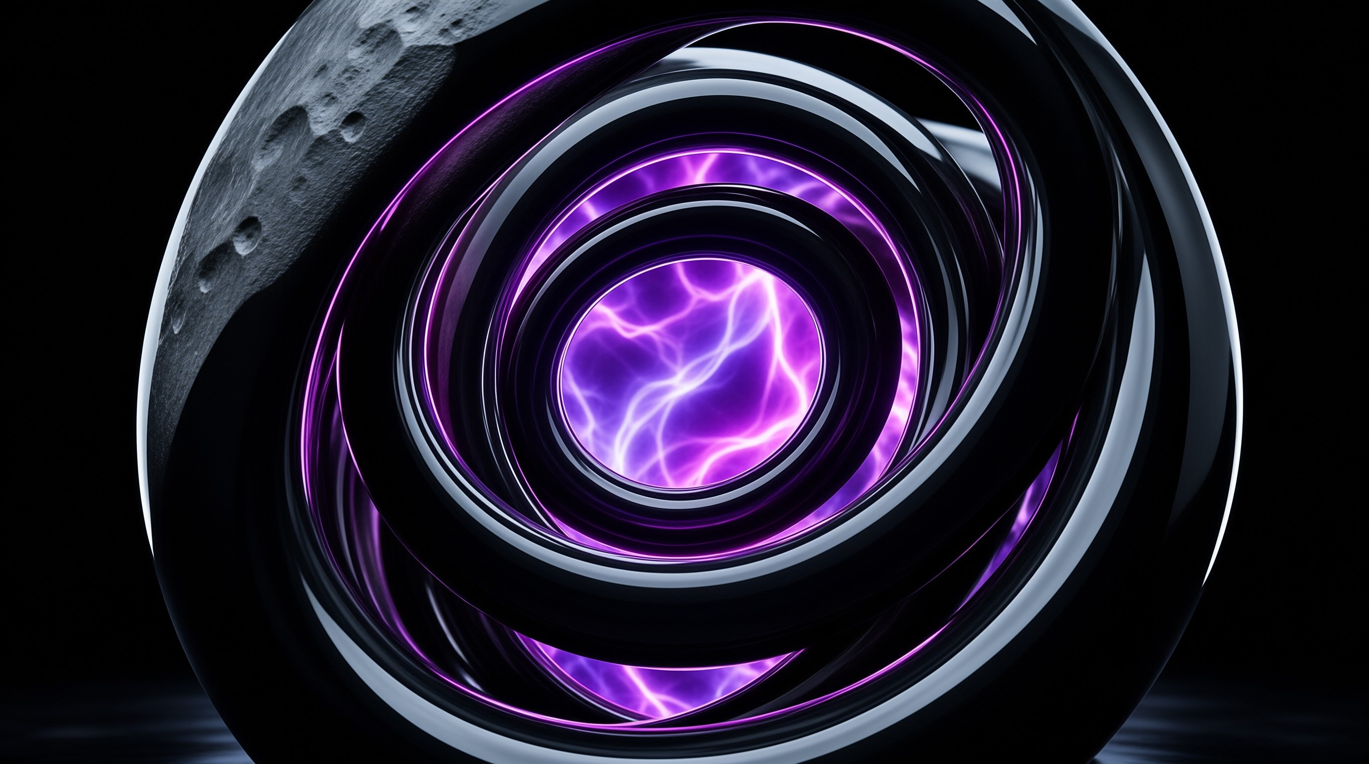 Concentric polished metal rings spiral inward around a glowing violet plasma center on a black ground