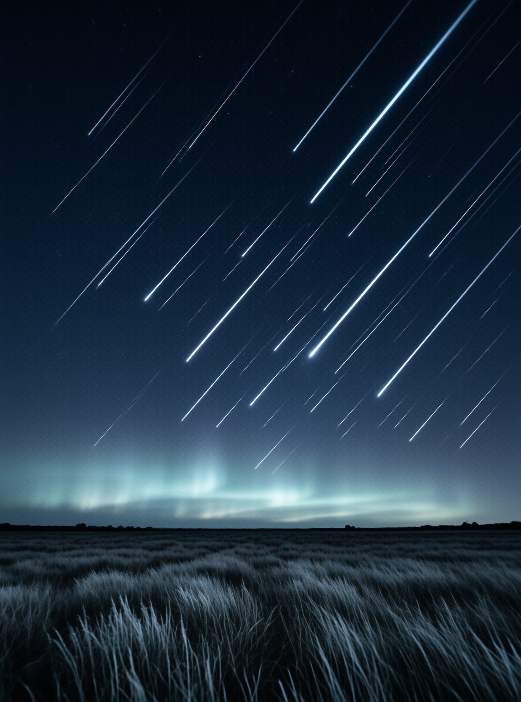 Diagonal meteor streaks illuminate a dark sky above green aurora light hovering over a field of tall grass.