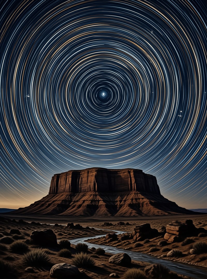 A flat-topped desert mountain rises above a rocky foreground while concentric star trails circle the night sky above it.