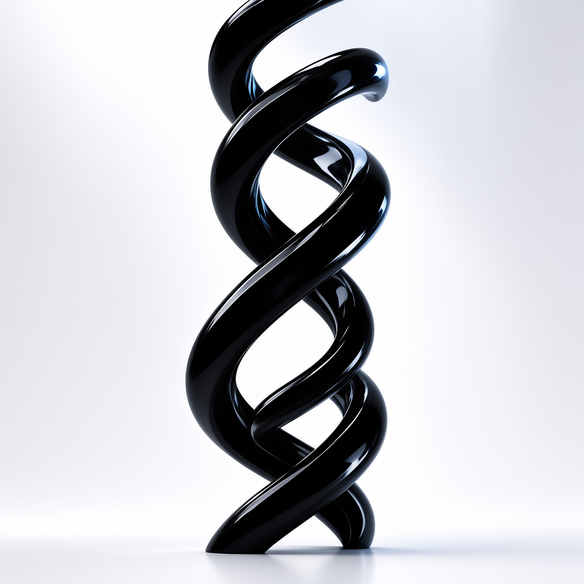 A vertical black helix sculpture stands on a white surface with glossy highlights reflecting studio light.