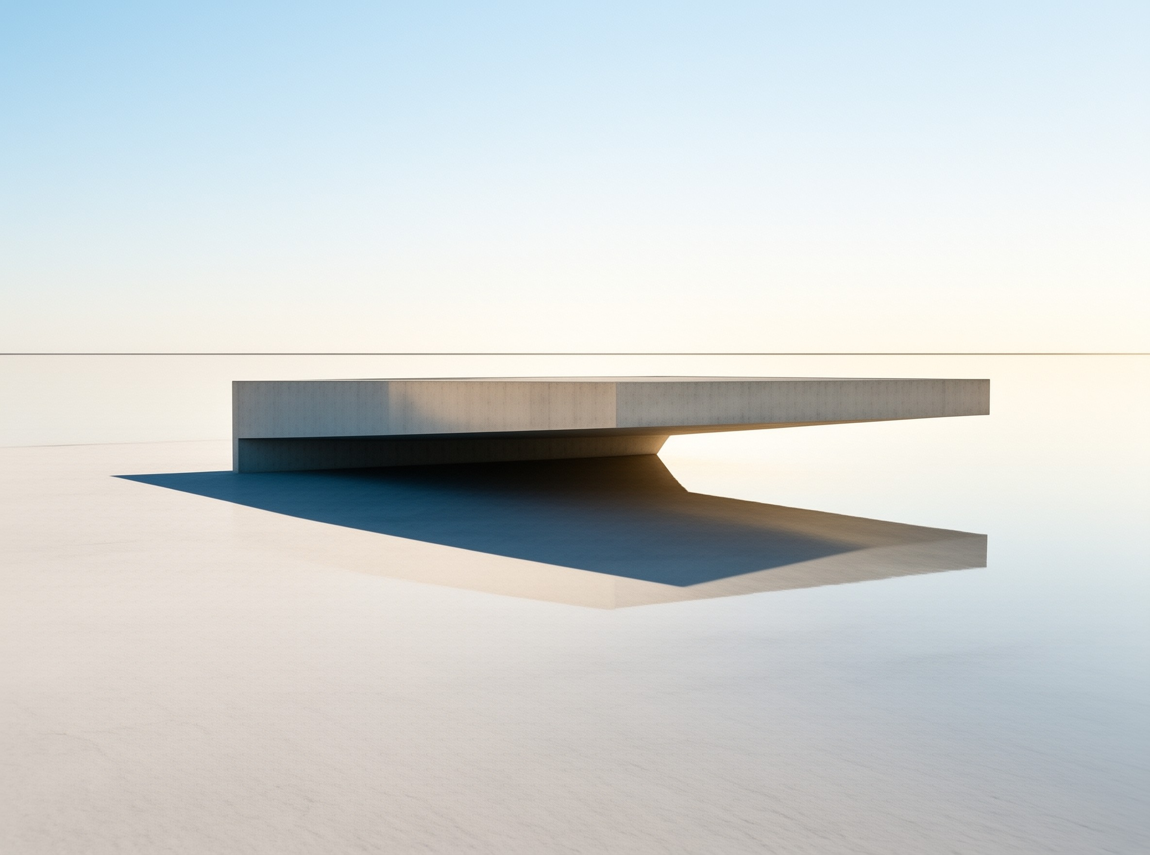 A low concrete structure with a cantilevered roof casts a long shadow across a white salt flat under a pale sky.