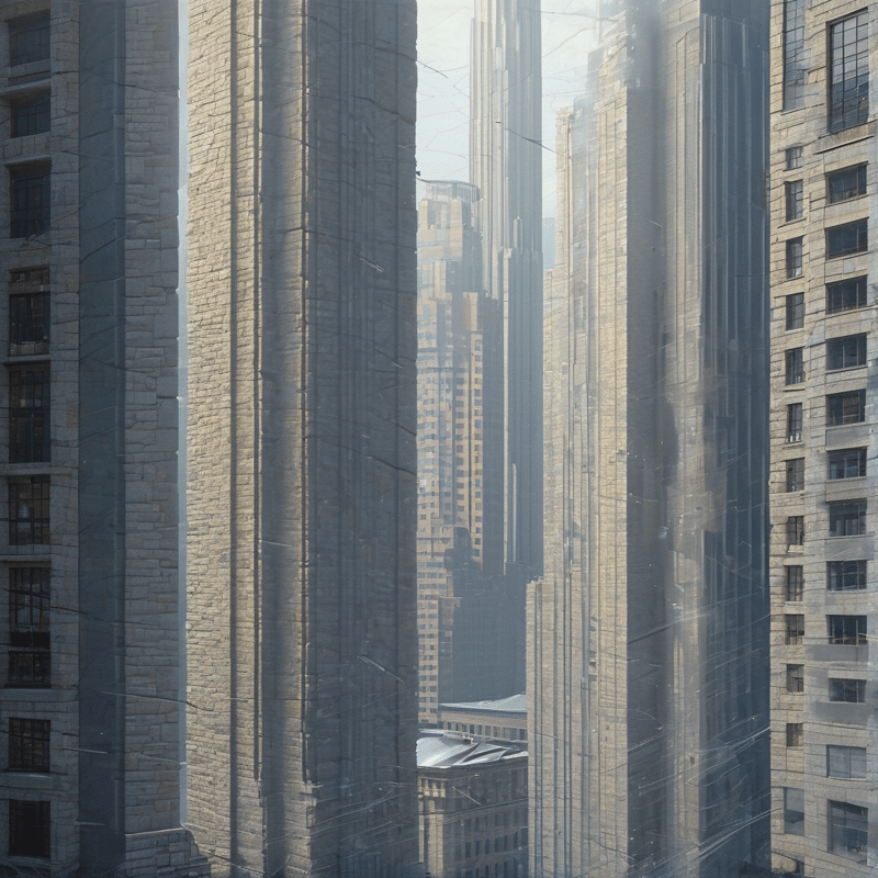 Overlapping limestone tower fronts blend in a double exposure of windows and pale masonry washed in soft daylight.