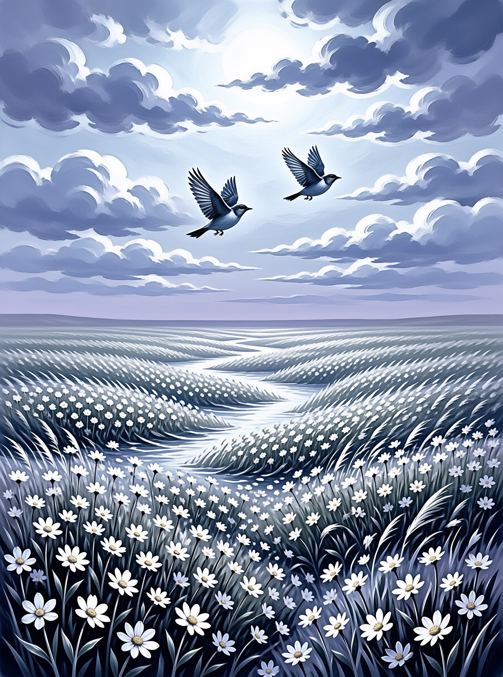 A stylized scene of white flowers bordering a winding stream under a cloudy sky with two birds in flight.