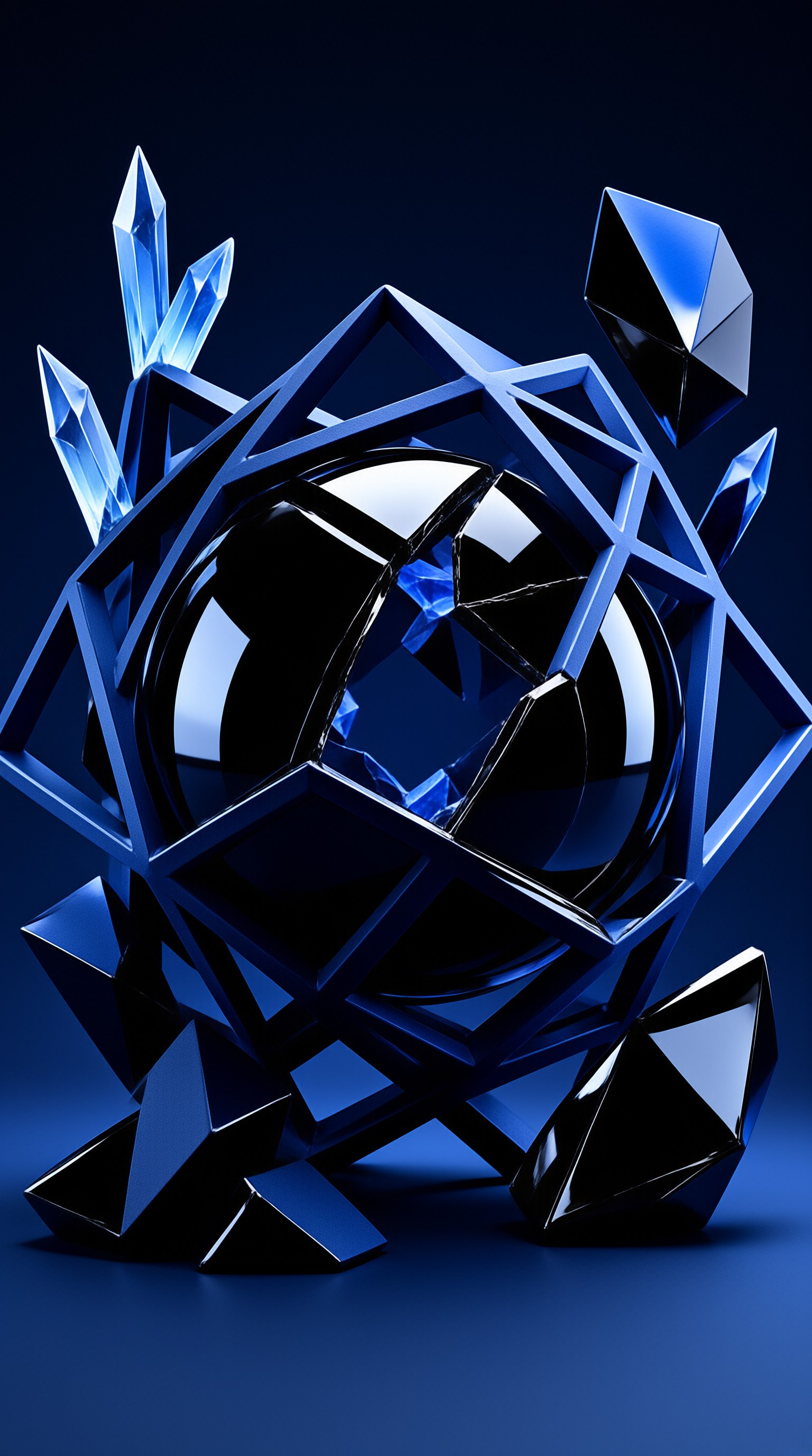 A blue wireframe cage encases a dark reflective sphere surrounded by sharp crystal fragments against a gradient background.
