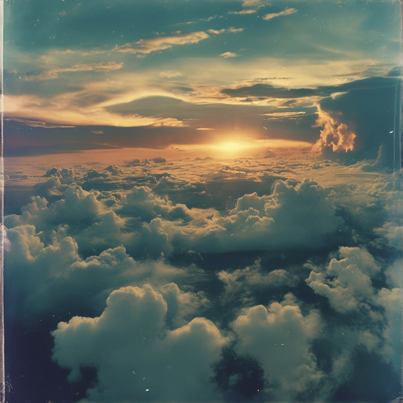 Viewed from high altitude, the sinking sun bursts through a dark cloud band above an endless field of cumulus.