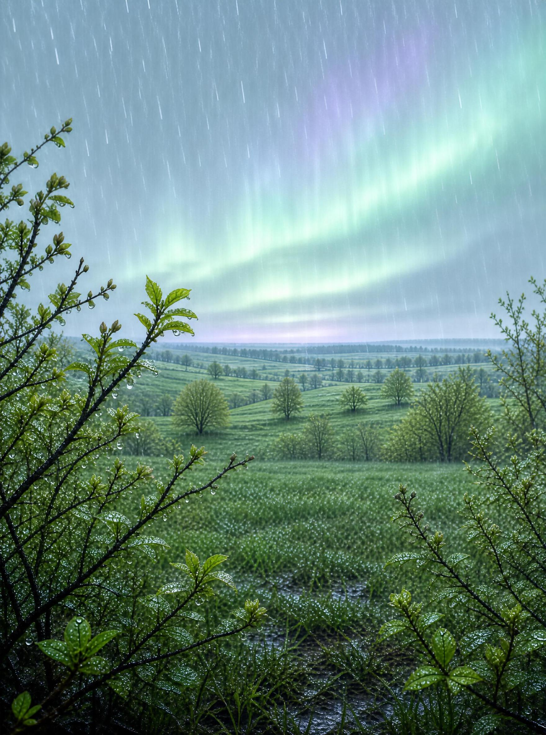 Rainy Aurora Over Green Hills