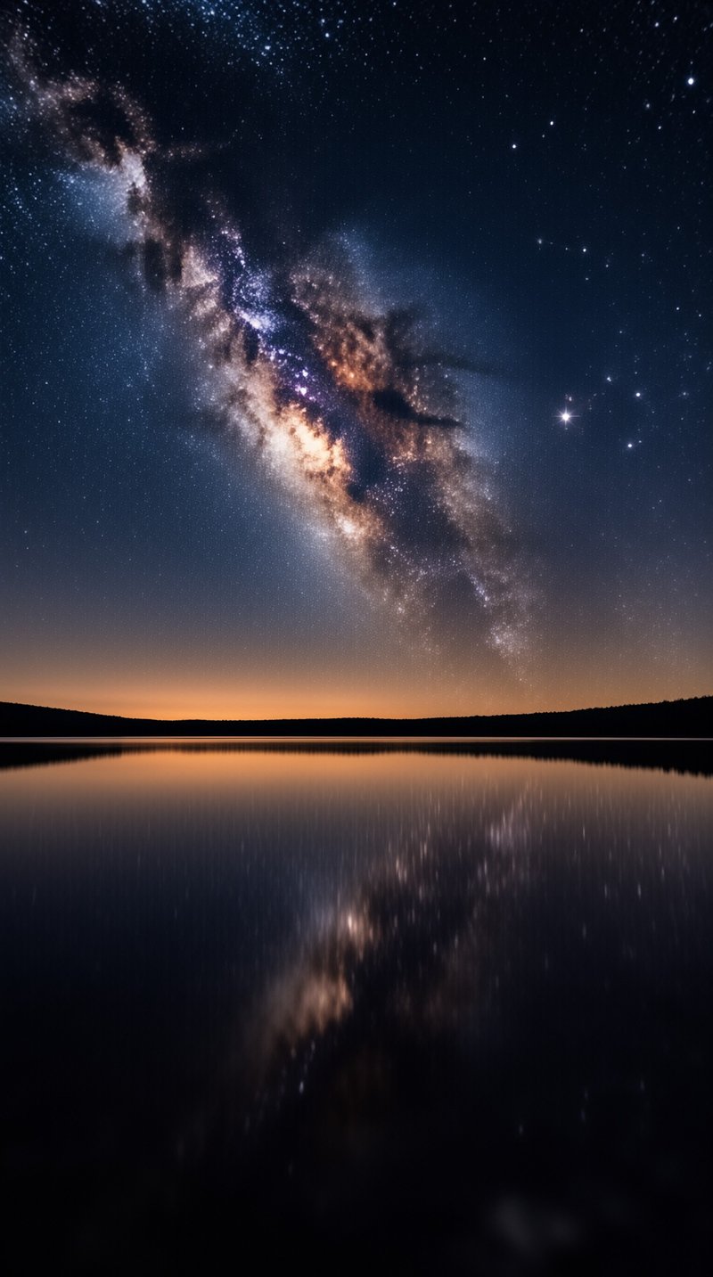 A clear night sky showing the Milky Way arching over a still lake that mirrors the stars and warm horizon glow.
