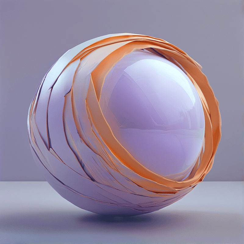 A glossy lilac orb is encircled by twisting copper bands against a soft mauve gradient in a clean studio render.