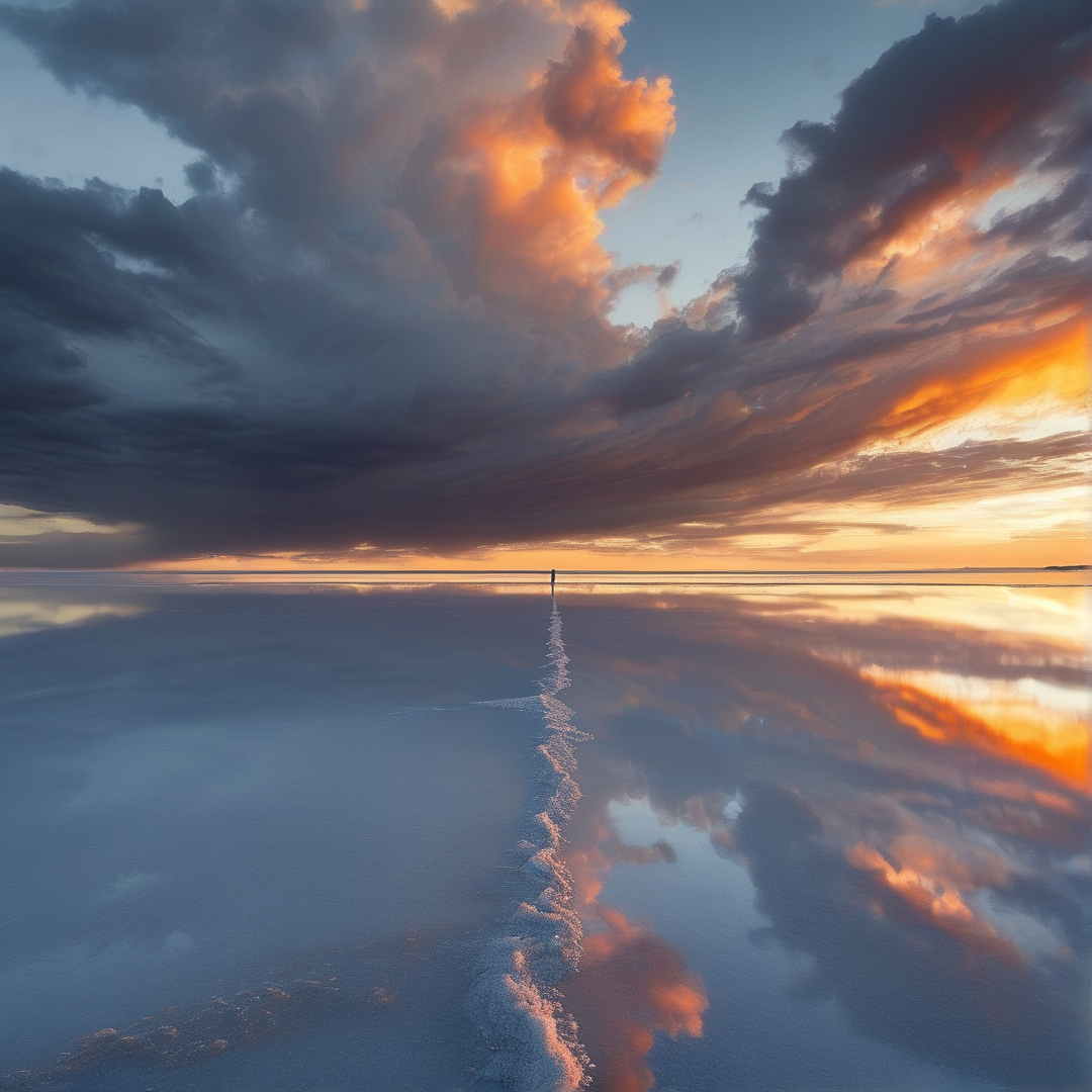 A lone figure walks across a mirror-like salt flat while dramatic clouds reflect orange sunset light on the water surface.