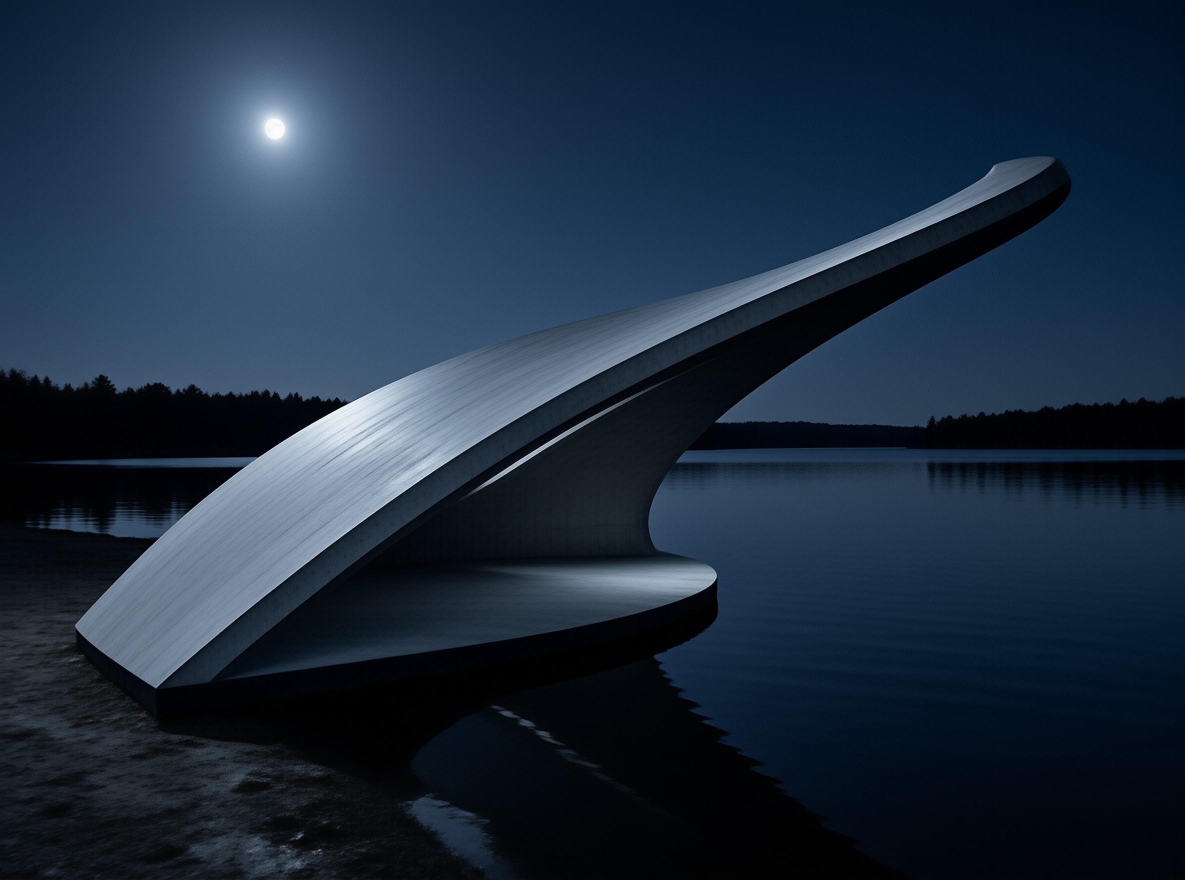 A sleek white architectural form curves over the water while a full moon hangs in the dark blue sky.