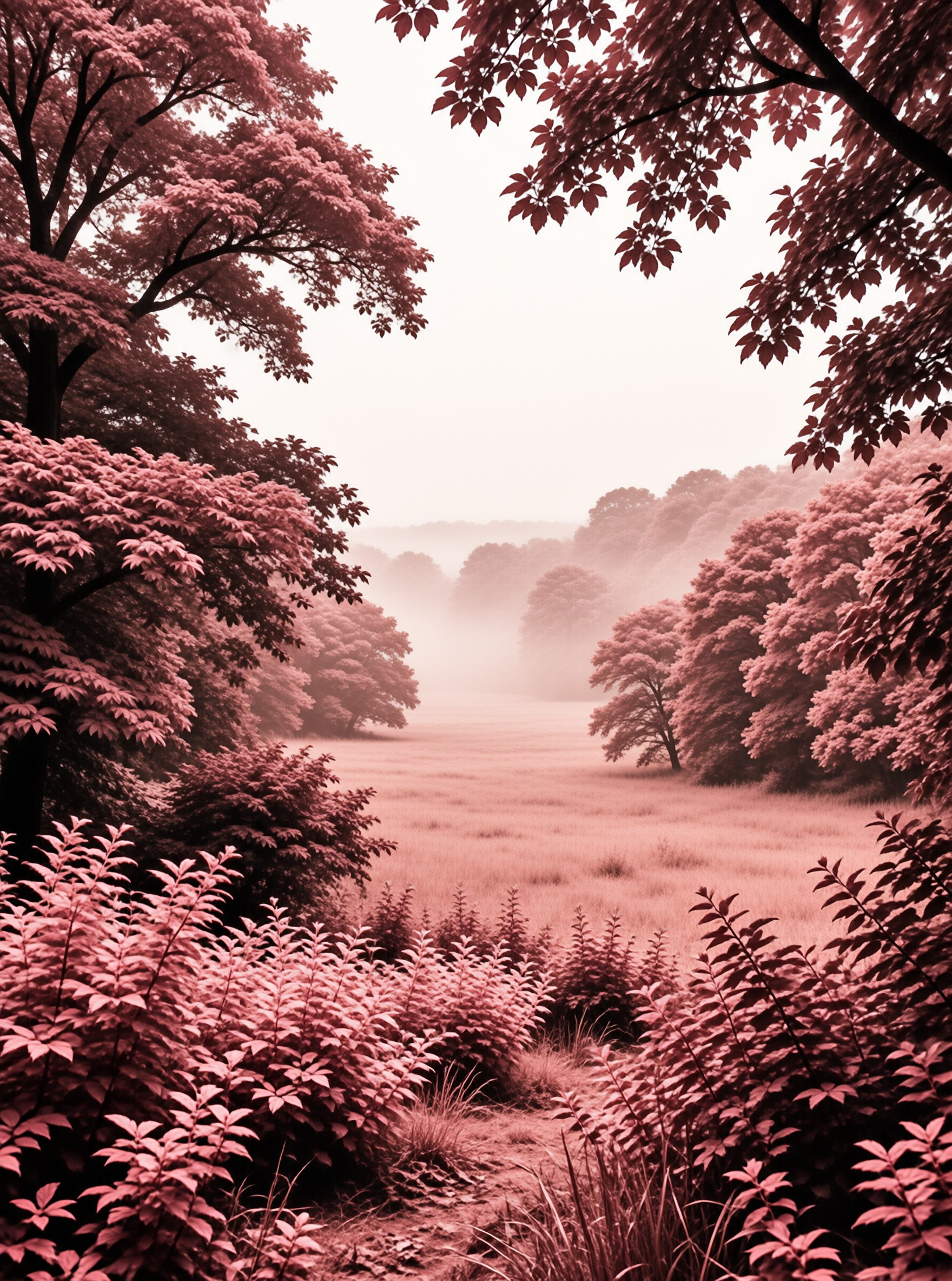 Dense pink foliage surrounds a view of a foggy grassy field with distant trees silhouetted against a pale sky.