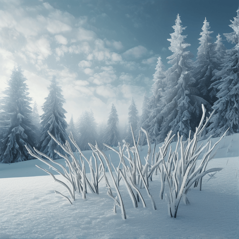 Delicate branches coated in white rime rise from deep snow, framed by snow-laden spruces fading into soft morning haze.