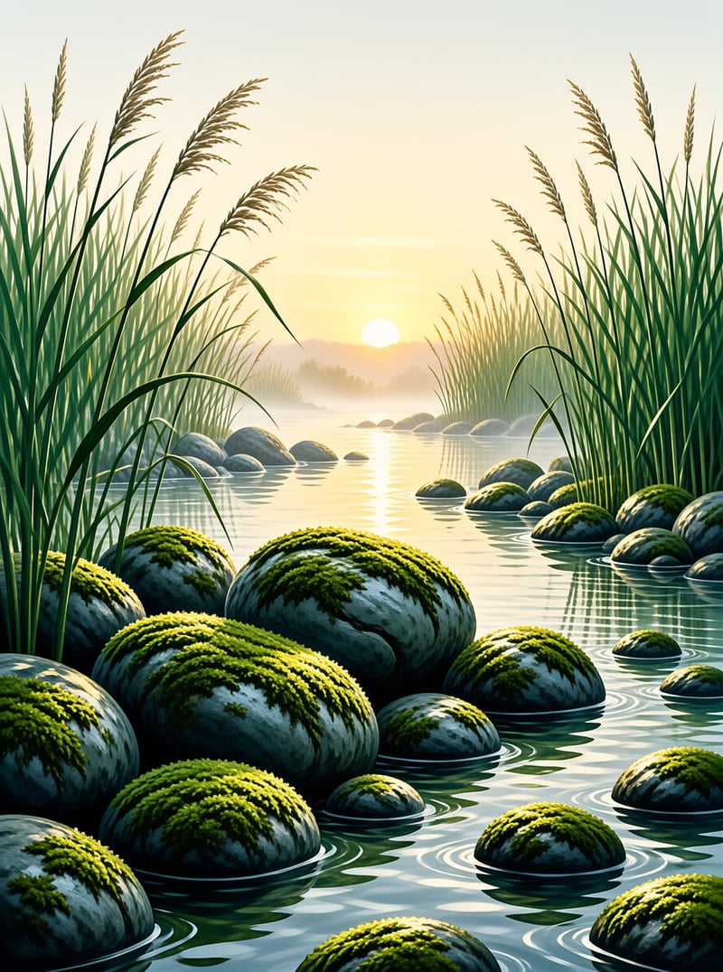 Mossy rounded river stones rest in a shallow stream flanked by tall reeds under warm golden sunrise light reflecting on calm water.