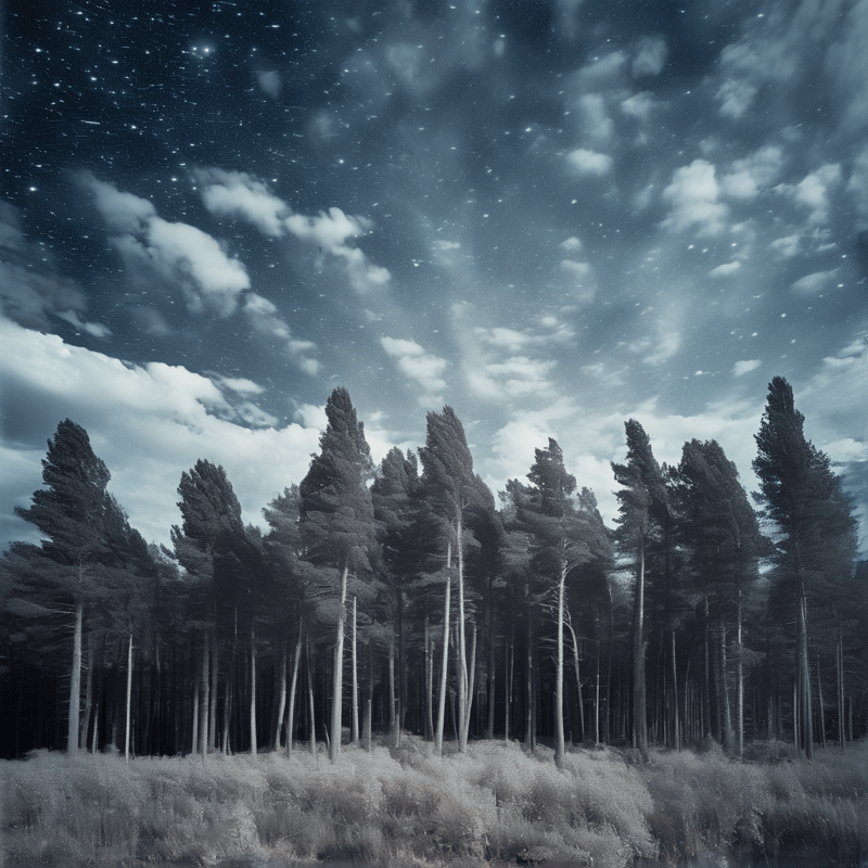 Tall pine trees rise from a low shrub layer against a deep blue sky filled with stars and drifting clouds.