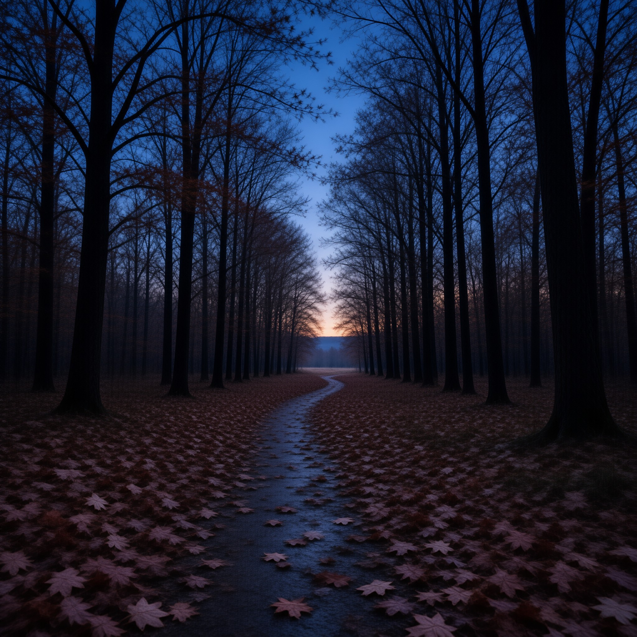 A winding path covered in leaves leads through a forest of tall bare trees toward a glowing horizon at dusk.