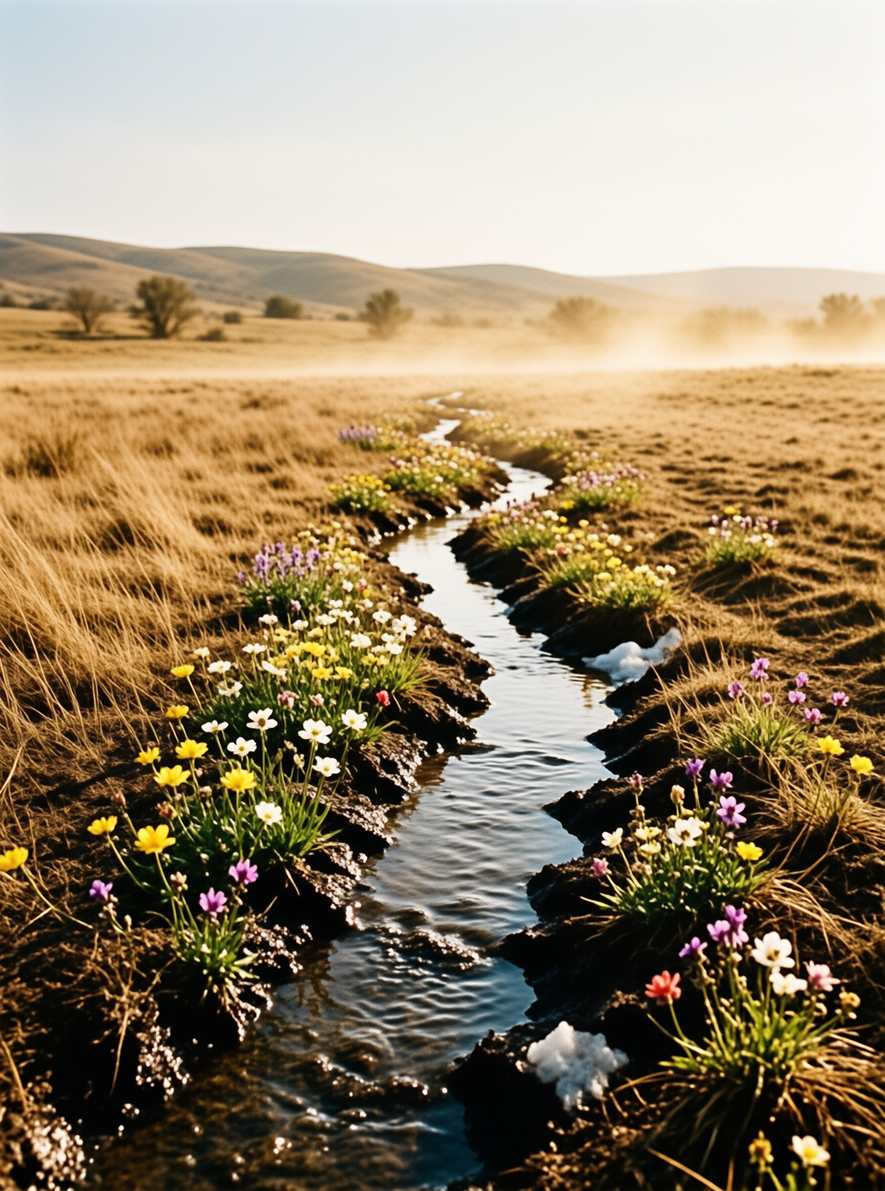 A narrow creek winds through a grassy landscape filled with colorful flowers under warm morning light.