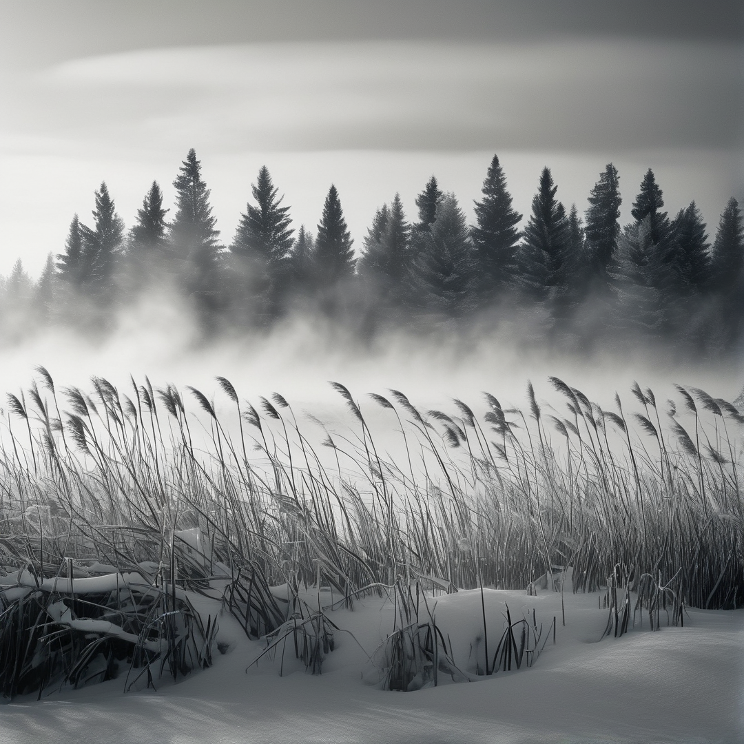 Snow-laden reeds bend in the foreground while a row of evergreen trees fades into low winter fog.