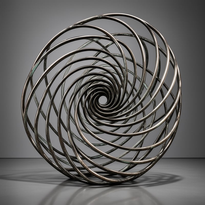 A large metallic coil twists into a vortex shape against a plain grey wall with soft floor shadows.